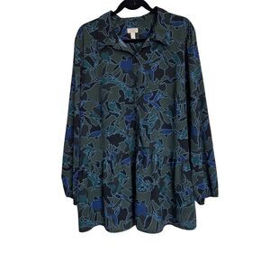 LOGO by Lori Goldstein Top Women XL Black Green Button Down Floral Peplum Blouse